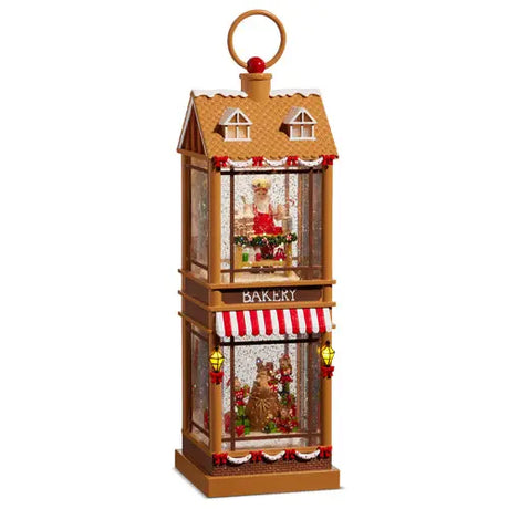 12.5" Santa and Elves Lighted Water Two Story Bakery Cozy Pines