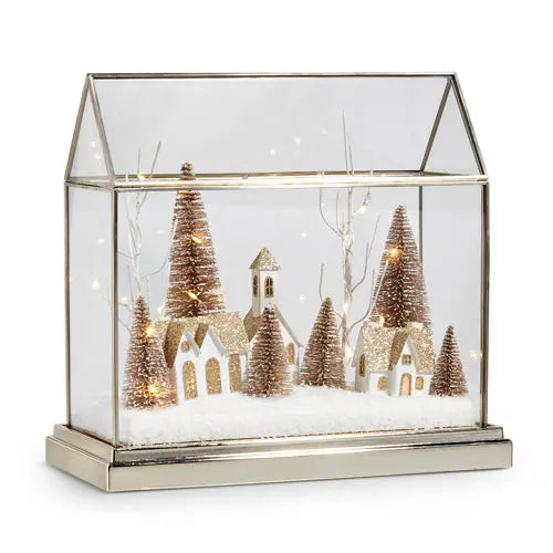 12.75" Lighted Snowy Village Terrarium Cozy Pines