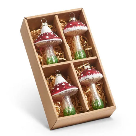 3.5" Box of Red Mushroom Ornaments Cozy Pines