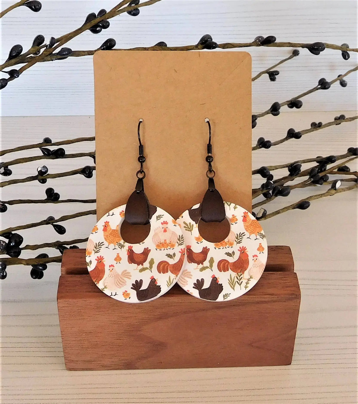 Acrylic Chicken Earrings - Round Earrings with Tab Cozy Pines