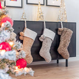 Caribou Beige Faux Fur Stocking with White Velvet Cuff and Pom Poms Gigi Seasons