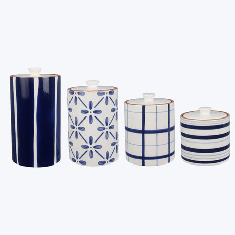 Ceramic Blue and White Cylindrical Canister Set of 4 Young's