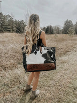 Cowhide Tooled Leather Weekender Cozy Pines