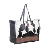 Cowhide Tooled Leather Weekender Cozy Pines