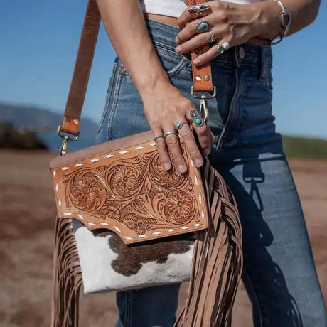 Cowhide Western Tooled Leather Fringe Crossbody Purse Cozy Pines