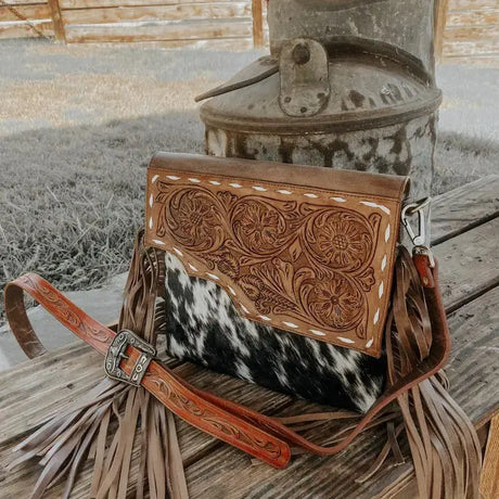 Cowhide Western Tooled Leather Fringe Crossbody Purse Cozy Pines