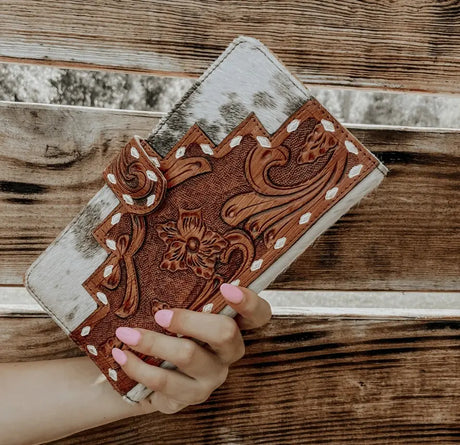 Cowhide with Tooled Leather Wallet Clutch Cozy Pines