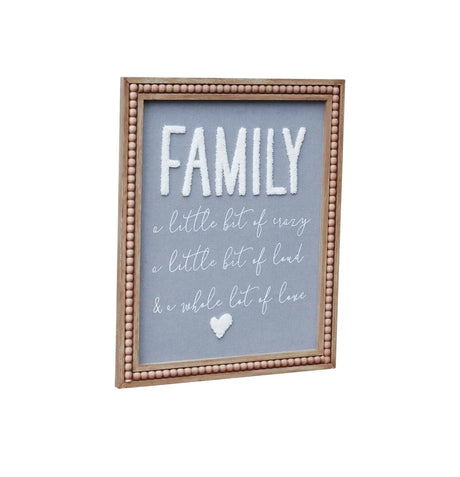 Family Wall Hanging Sign with Gray Fabric Background and White Yarn Sentiment - Bedroom- Living Room- Home Wall Decor-Bead Border Design Paris Loft Inc