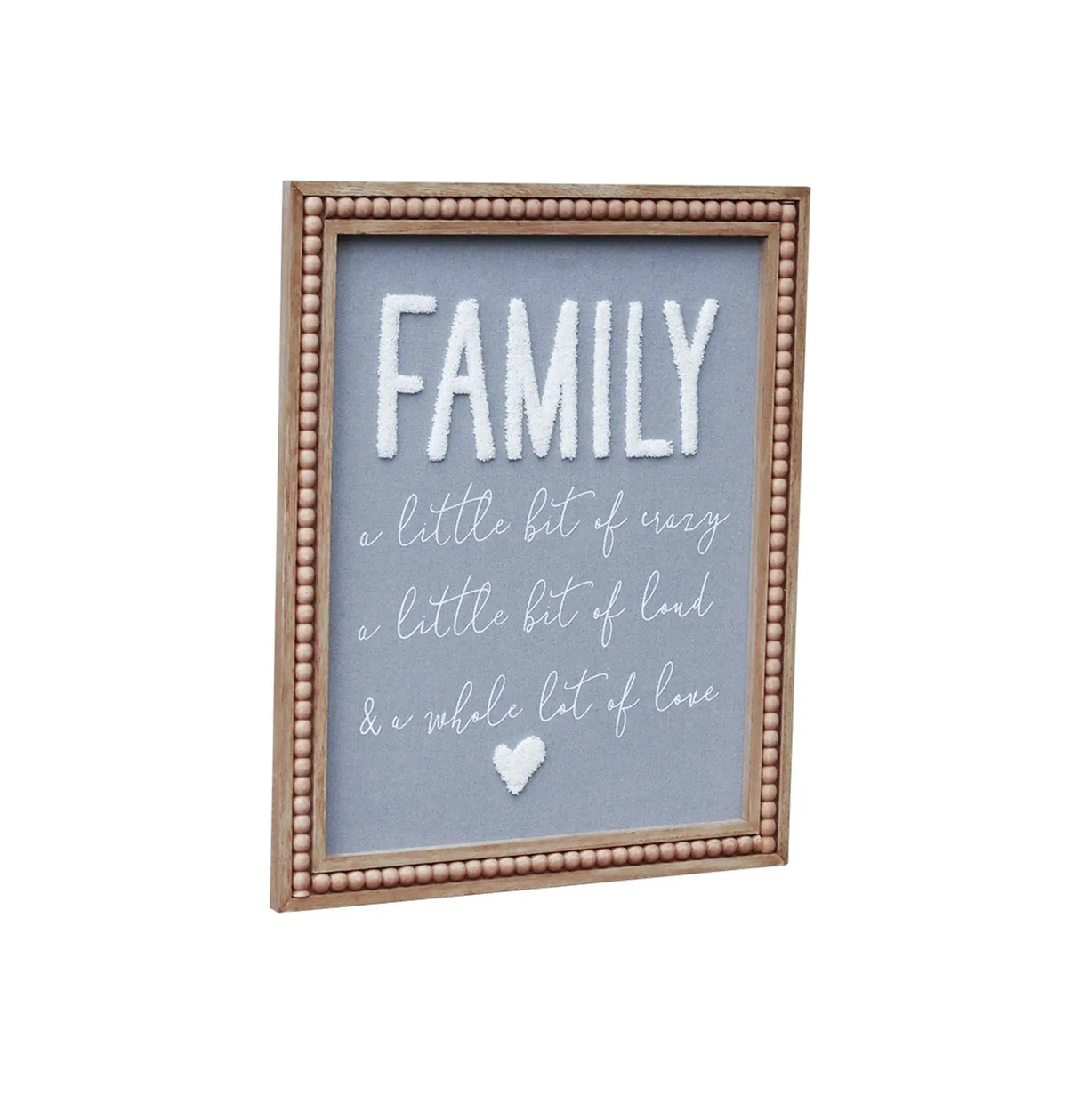 Family Wall Hanging Sign with Gray Fabric Background and White Yarn Sentiment - Bedroom- Living Room- Home Wall Decor-Bead Border Design Paris Loft Inc