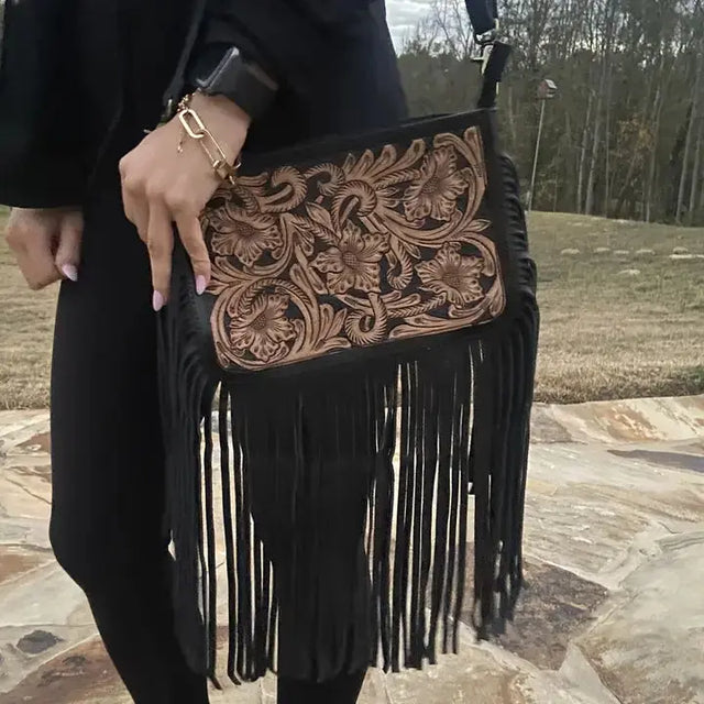 Fringe Tooled Leather Purse Crossbody Bag Cozy Pines