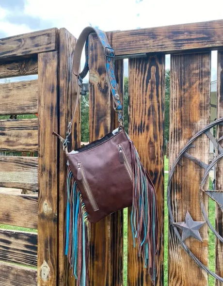 Myra Tooled Leather Cowhide Fringe Western Bag - Crossbody Cozy Pines