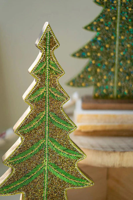 SET OF TWO BEADED WOOD CHRISTMAS TREES Kalalou
