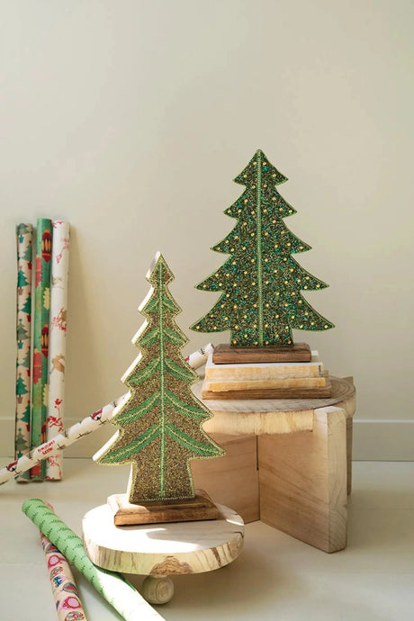 SET OF TWO BEADED WOOD CHRISTMAS TREES Kalalou