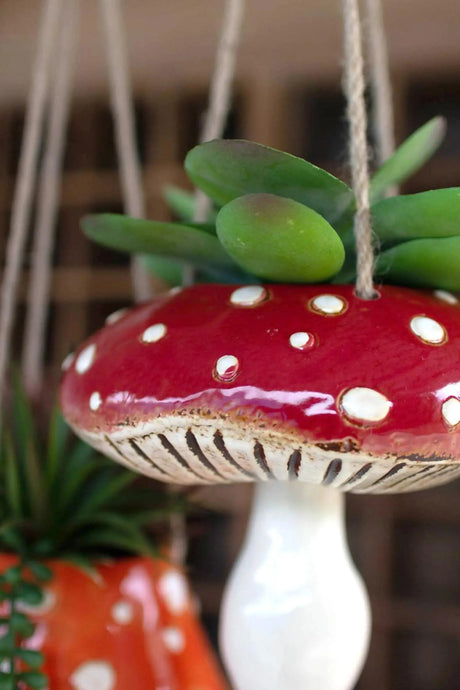 SET OF TWO CERAMIC  TOADSTOOL HANGING PLANTERS Kalalou