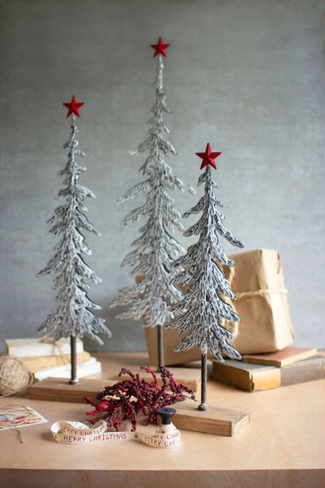 Set Of Three Metal Christmas Trees On Wooden Bases Kalalou