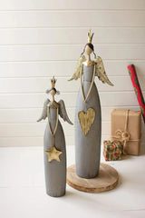 Set Of Two Gold & Grey Christmas Angels Holding Heart & Star Kalalou