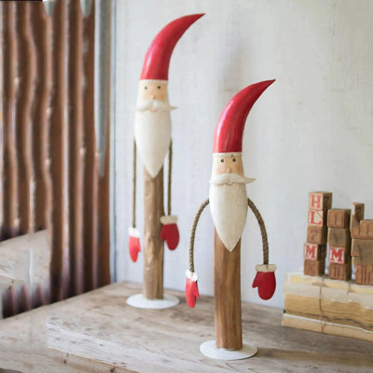 Set Of Two Painted Metal And Wood Santas Kalalou