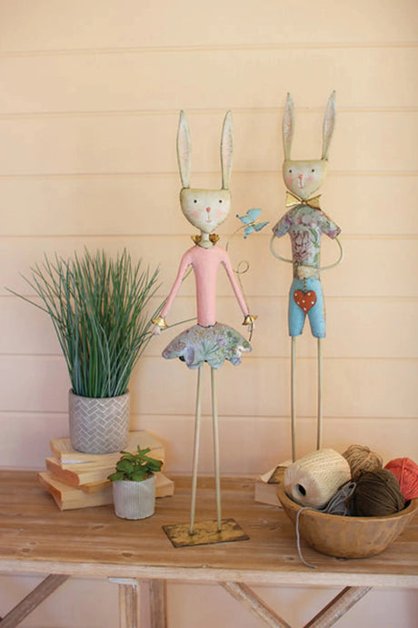 Set Of Two Painted Metal Long-Legged Boy And Girl Rabbits Kalalou