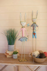 Set Of Two Painted Metal Long-Legged Boy And Girl Rabbits Kalalou