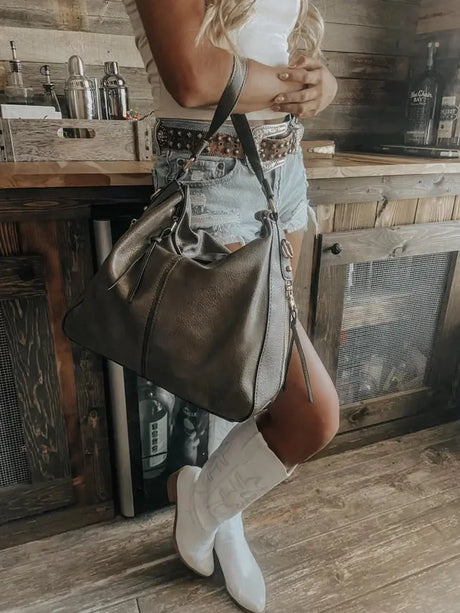 Soft Gray Leather Hobo Tote Cozy Pines