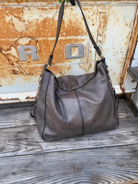Soft Gray Leather Hobo Tote Cozy Pines
