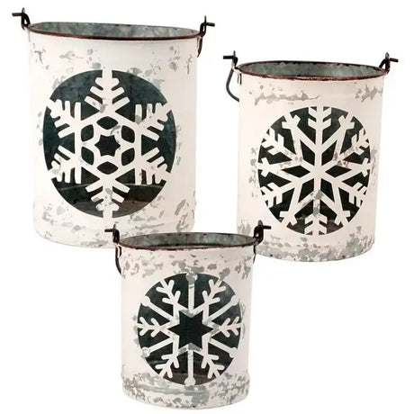 White Metal Snowflake Bucket Cozy Pines