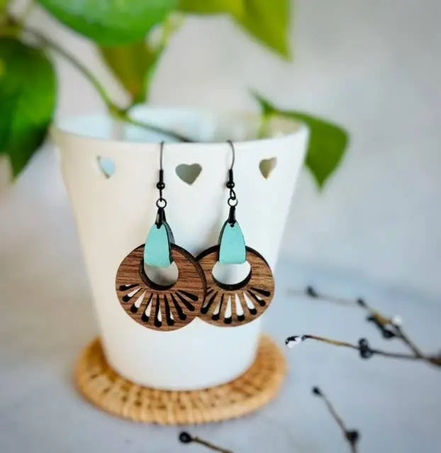 Wood Dangle Earrings - Walnut and Faux Leather Tab Cozy Pines