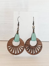 Wood Dangle Earrings - Walnut and Faux Leather Tab Cozy Pines