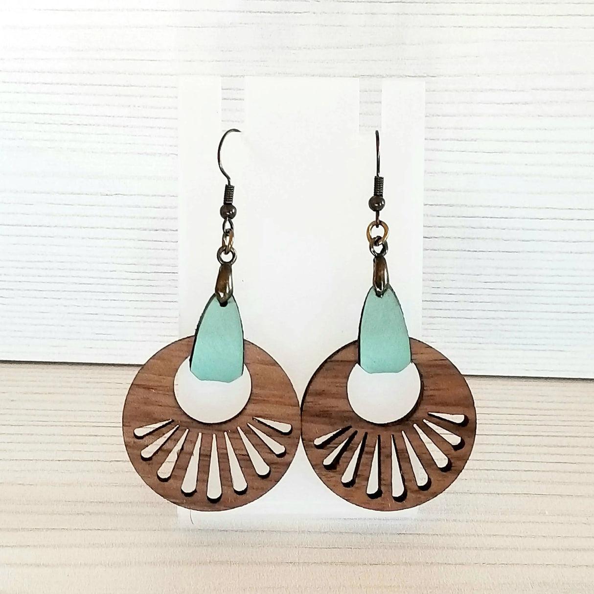 Wood Dangle Earrings - Walnut and Faux Leather Tab Cozy Pines